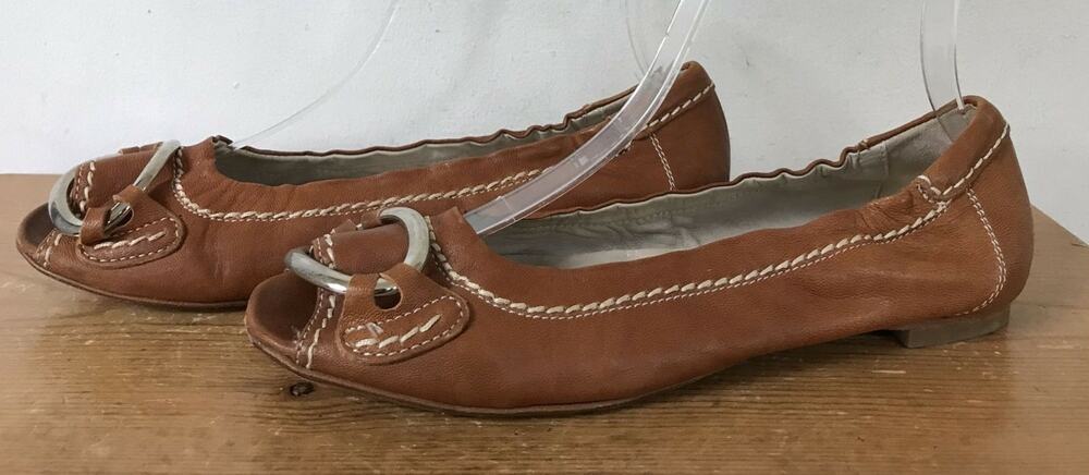 Attilio Giusti Leombruni Brown Leather Peeptoe Chunky Buckle Casual Flats 37.5 7
